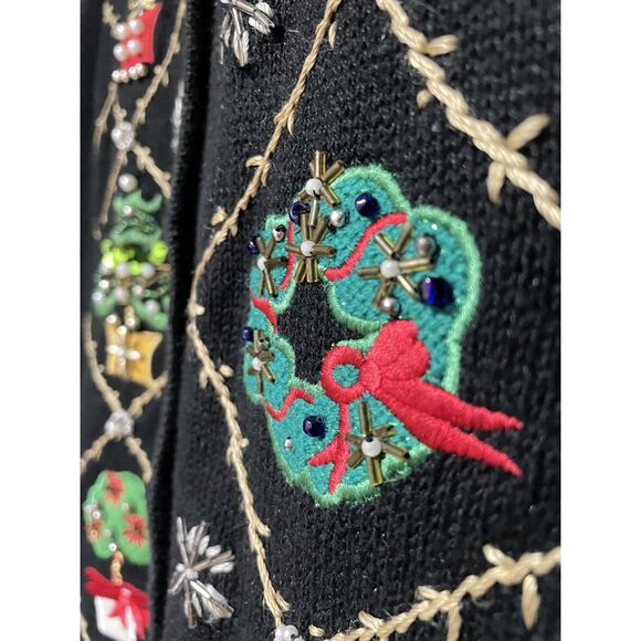 OHI Vintage Black Christmas Holiday Knit Cardigan Sweater Embroidered Beaded - Picture 5 of 13